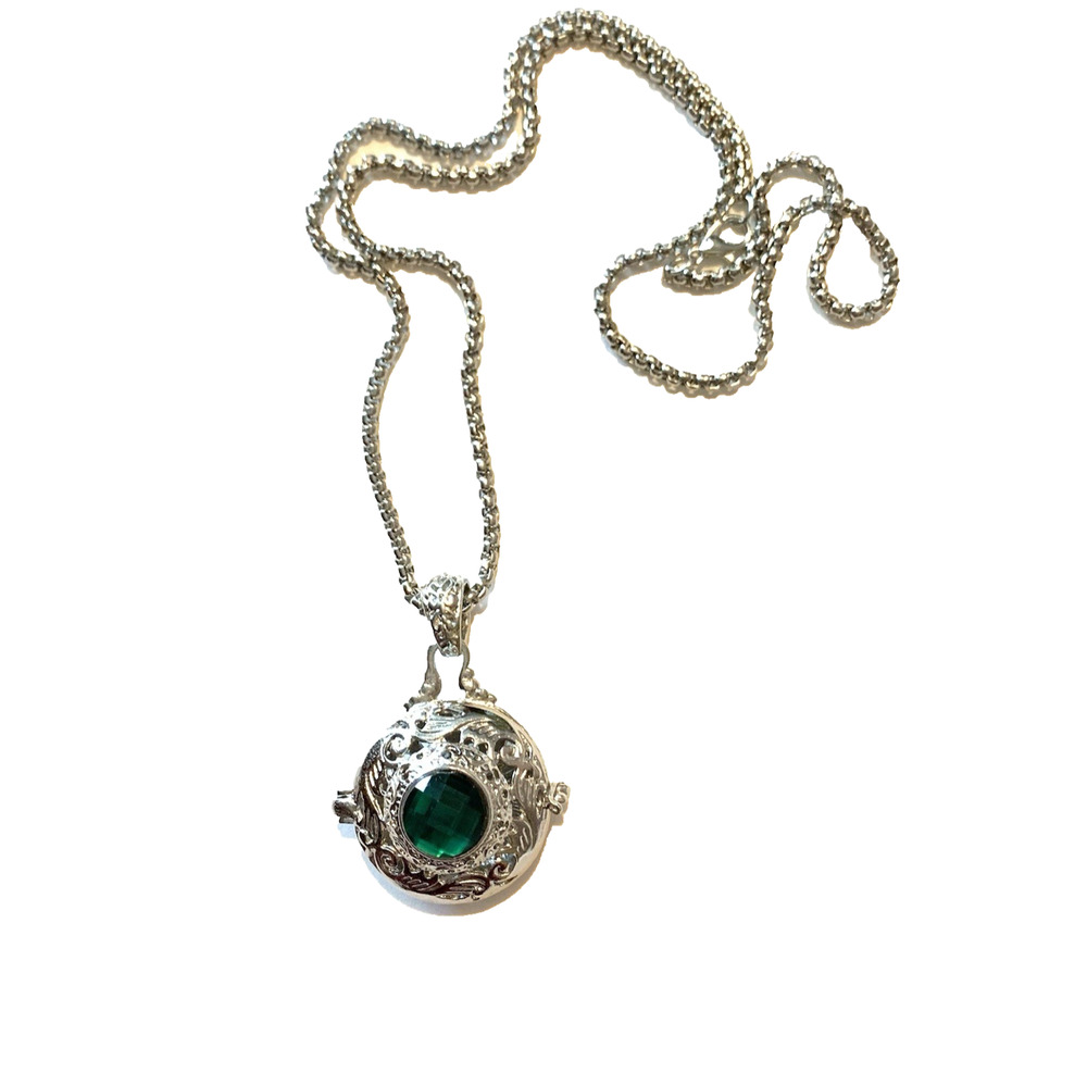 Poison Pill Locket Necklace Green Rhinestone Silver Tone Filigree Pendant ~21"